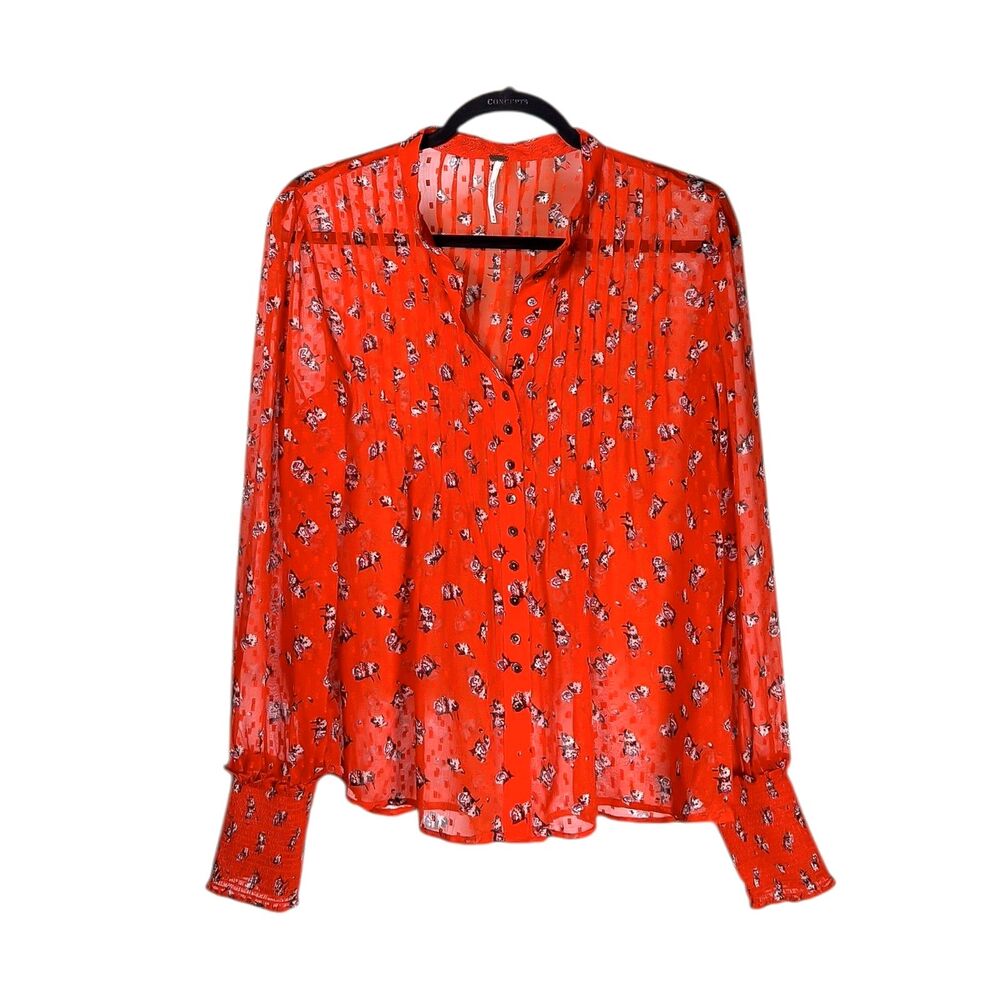 Free People Women’s Flowers in December Silk Button-Up Shirt Sheer Boho Blouse M